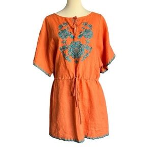 Ivy Jane Sz Large 100% linen embroidered dress drawstring waist tassels